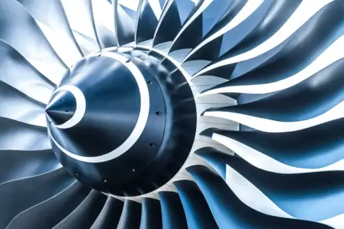 Blue toned jet engine blades closeup for lost wax casting application concepts Blue toned jet engine blades closeup for lost wax casting application concepts